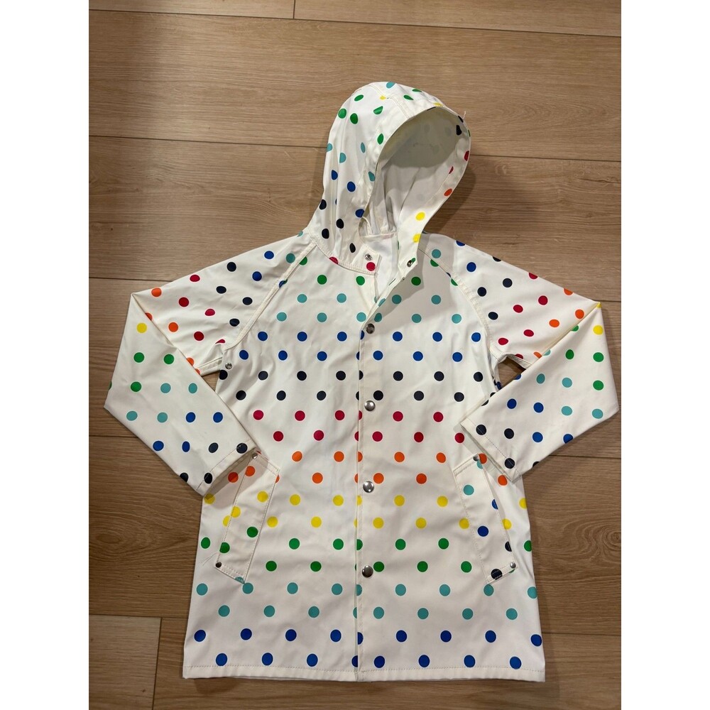 Primary Kids Rainbow Polka Dot Raincoat White Hooded Jacket Size 8-9 Waterproof